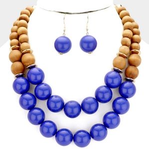 Wood & Blue Bead Statement Necklace & Earrings